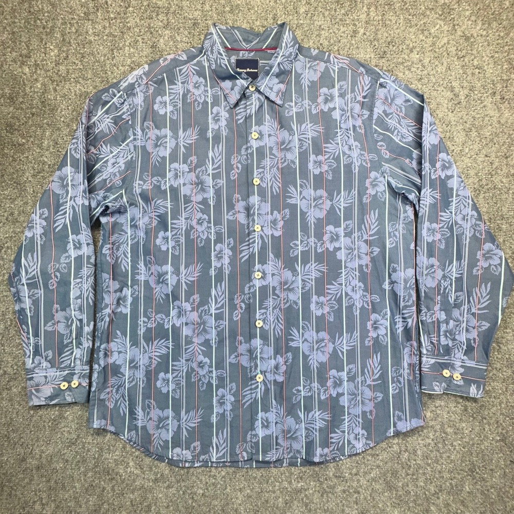 Tommy Bahama Shirt Mens‎ XL Blue Silk Blend Floral Striped Long Sleeve Excellent